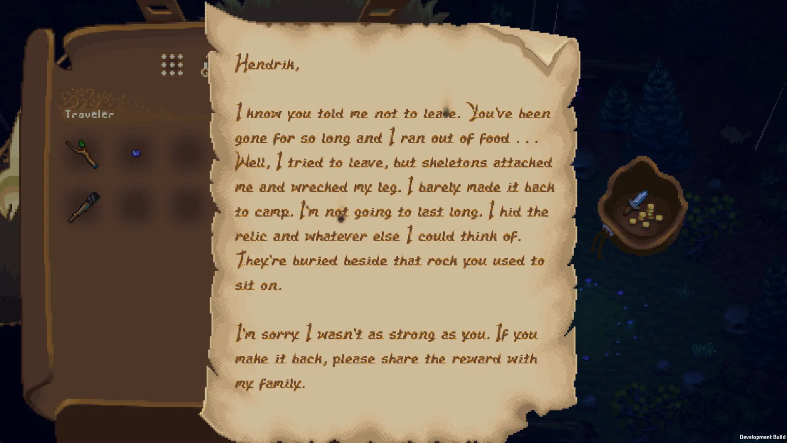 A parchment letter to Hendrik mentions a buried relic beside rocks, shown over an inventory-style background.
