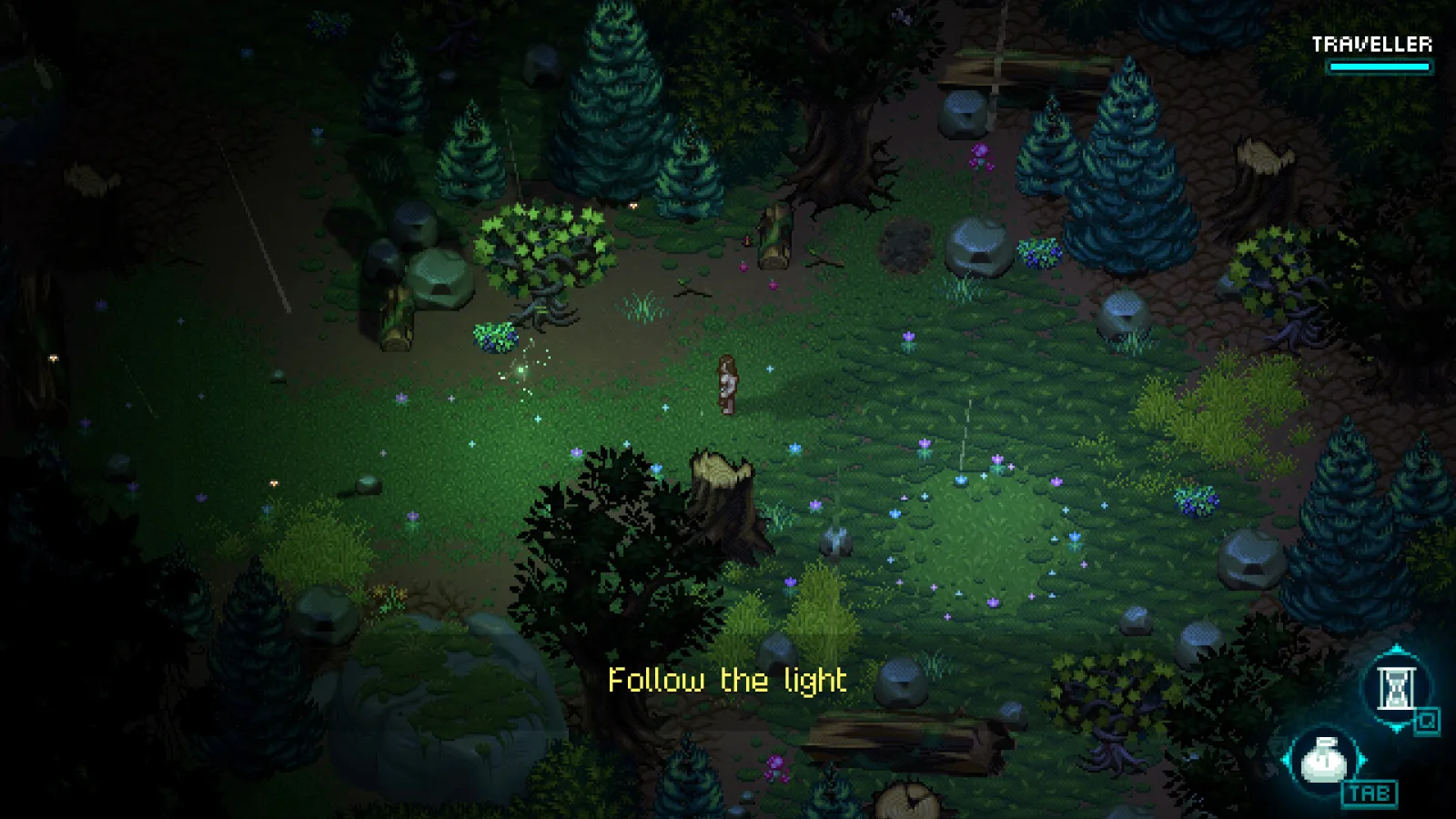 A night forest scene shows on-screen text Follow the light, a TRAVELLER status bar, and inventory icons including an hourglass.