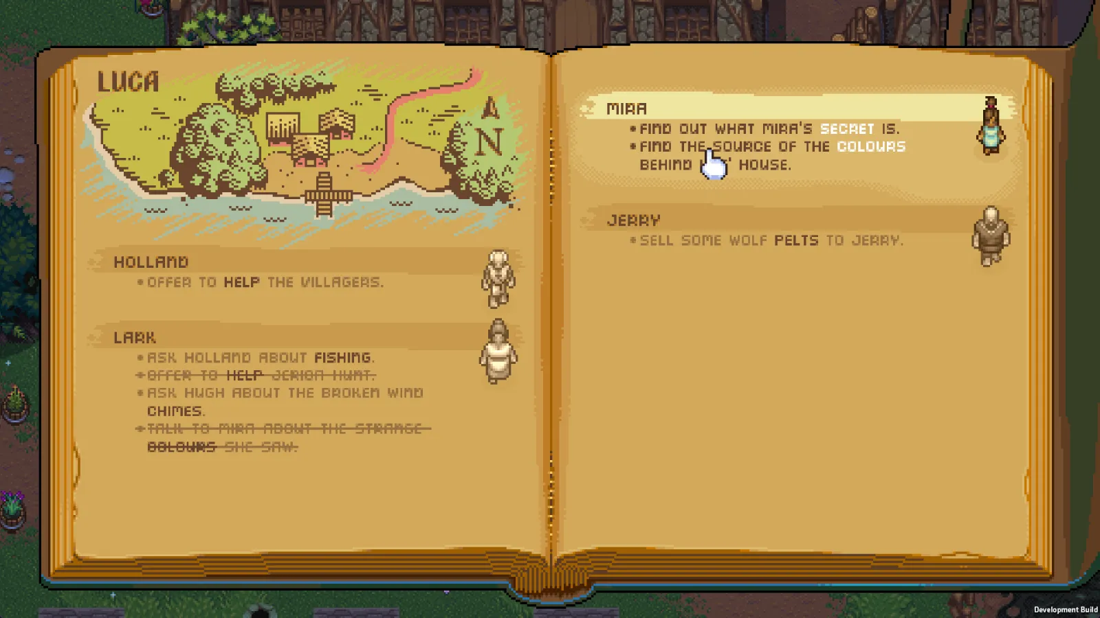 An open quest journal shows a hand-drawn map and villager tasks in the Luca region, with completed entries crossed off.