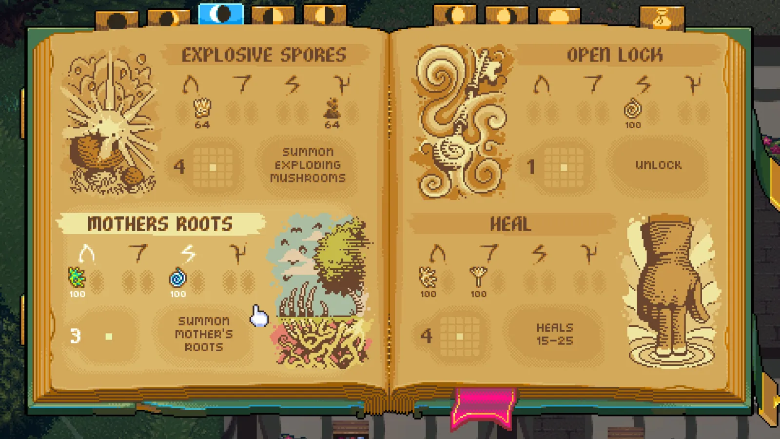 An open spellbook displays four named spells—Explosive Spores, Open Lock, Mothers Roots, and Heal—with icon rows beside each entry.