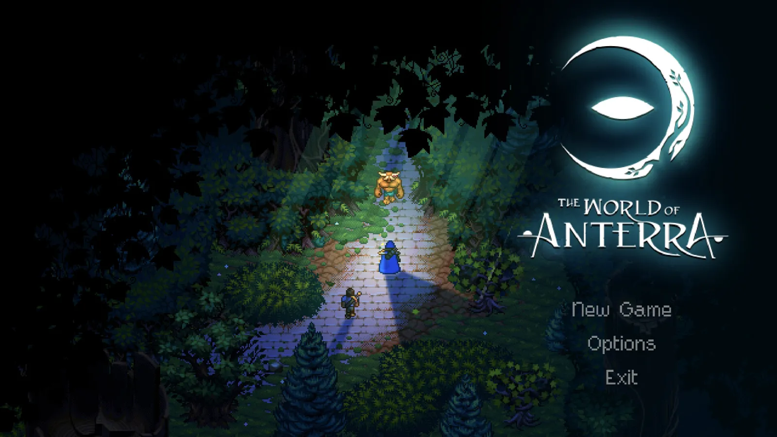 The title screen shows a torch-lit forest path, a blue-cloaked character, and a menu with New Game, Options, and Exit beside The World of Anterra logo.