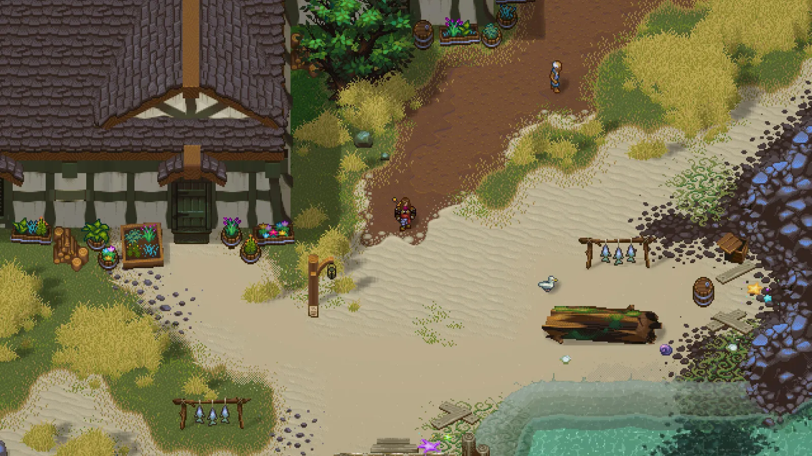 A daytime top-down view shows half-timber houses, dirt paths, wooden posts with banners, and water along the lower edge of a village.